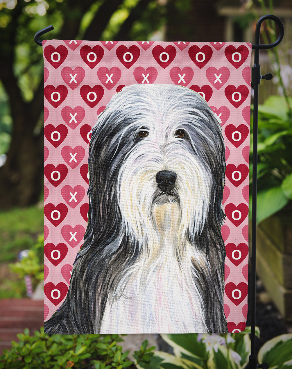 Bearded Collie Hearts Love and Valentine's Day Portrait Flag Garden Size