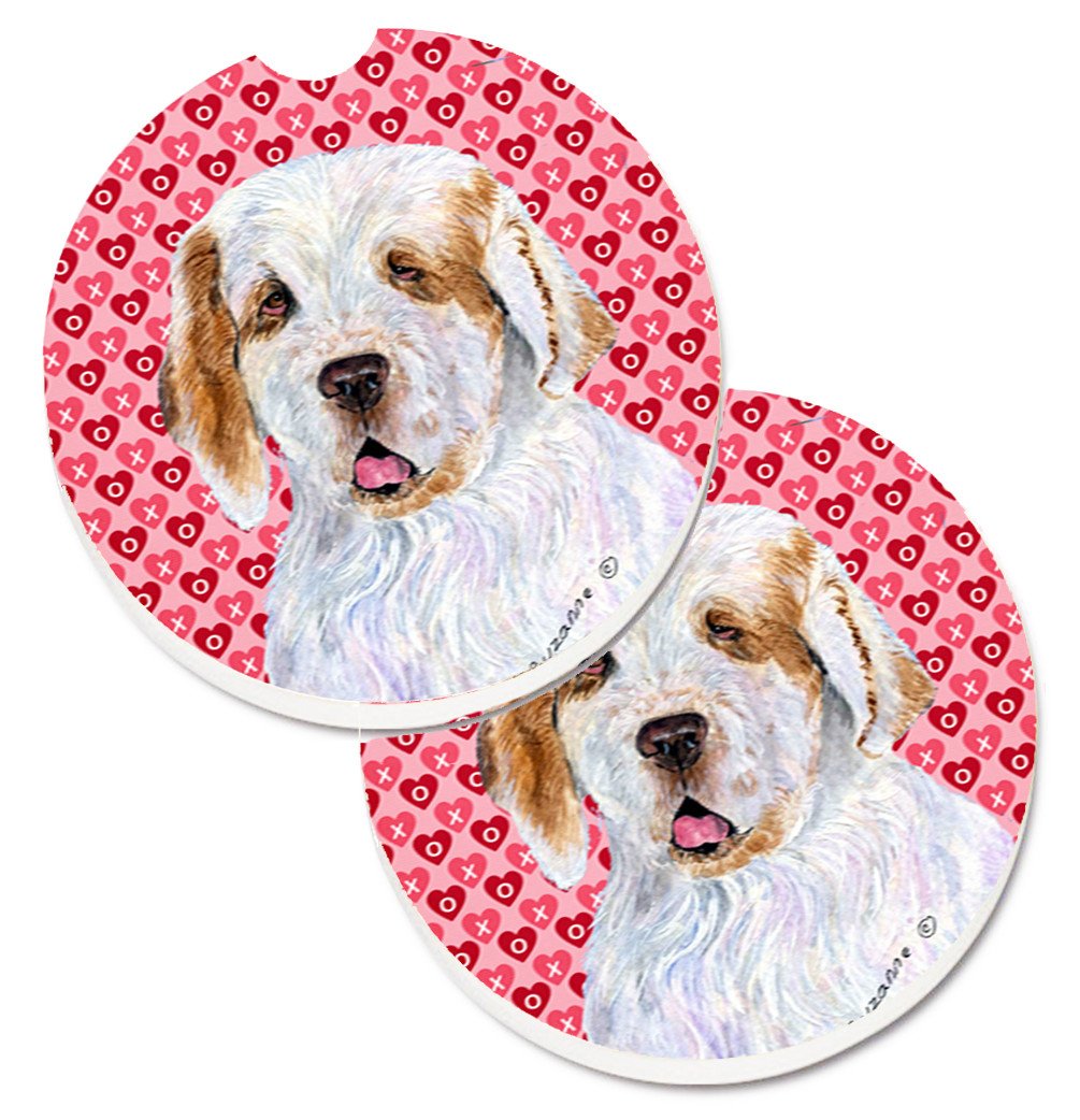 Clumber Spaniel Hearts Love and Valentine&#39;s Day Portrait Set of 2 Cup Holder Car Coasters SS4500CARC by Caroline&#39;s Treasures