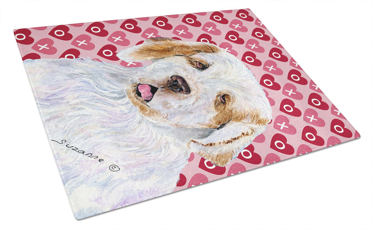 Clumber Spaniel Hearts Love and Valentine&#39;s Day Glass Cutting Board Large by Caroline&#39;s Treasures