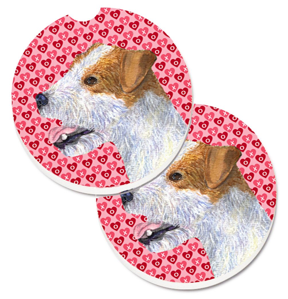 Jack Russell Terrier Hearts Love and Valentine&#39;s Day Portrait Set of 2 Cup Holder Car Coasters SS4504CARC by Caroline&#39;s Treasures