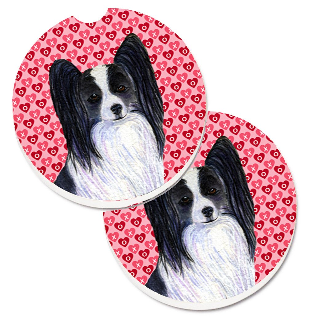 Papillon Hearts Love and Valentine&#39;s Day Portrait Set of 2 Cup Holder Car Coasters SS4505CARC by Caroline&#39;s Treasures