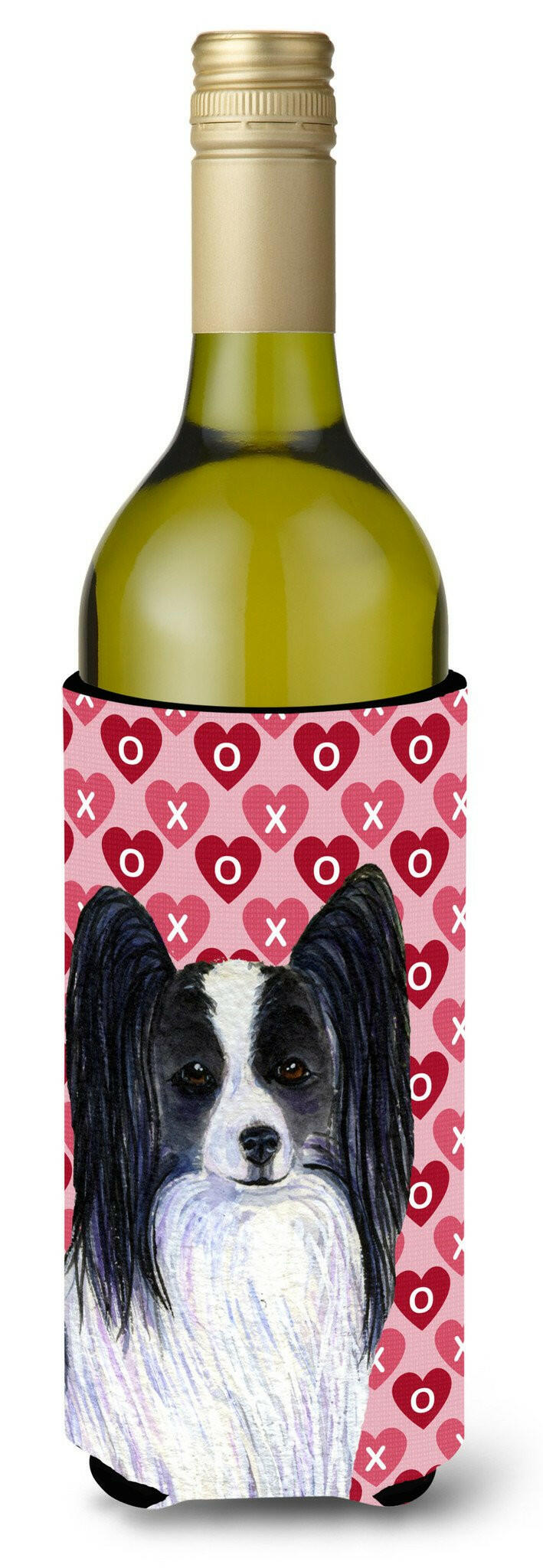 Papillon Hearts Love and Valentine&#39;s Day Portrait Wine Bottle Beverage Insulator Beverage Insulator Hugger by Caroline&#39;s Treasures