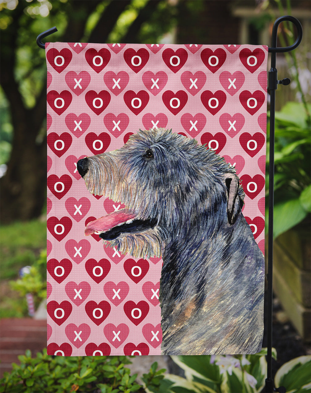 Irish Wolfhound Hearts Love and Valentine's Day Portrait Flag Garden Size.