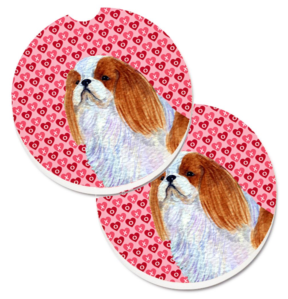 English Toy Spaniel Hearts Love and Valentine&#39;s Day Portrait Set of 2 Cup Holder Car Coasters SS4507CARC by Caroline&#39;s Treasures