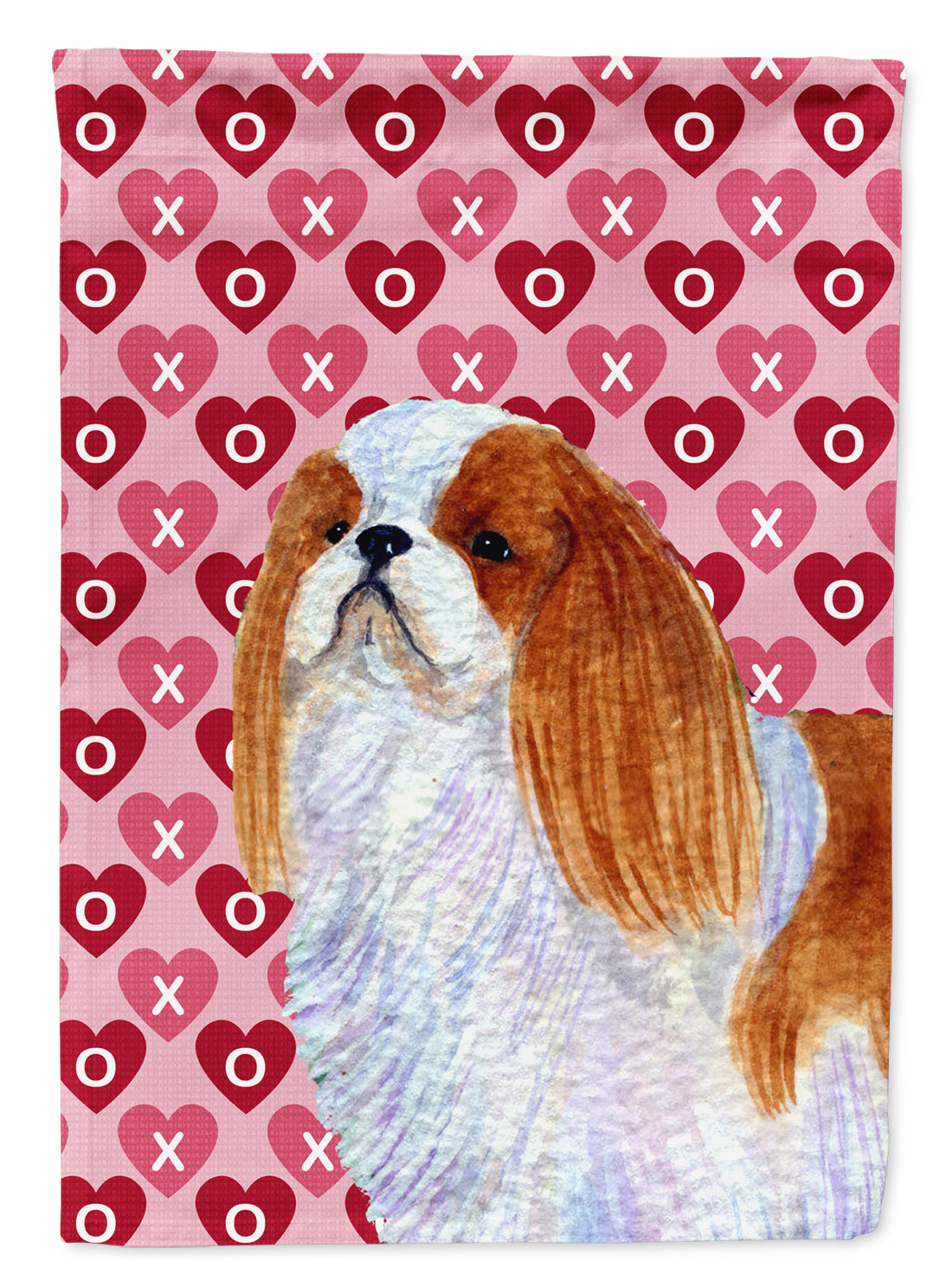 English Toy Spaniel Hearts Love and Valentine&#39;s Day Portrait Flag Garden Size.