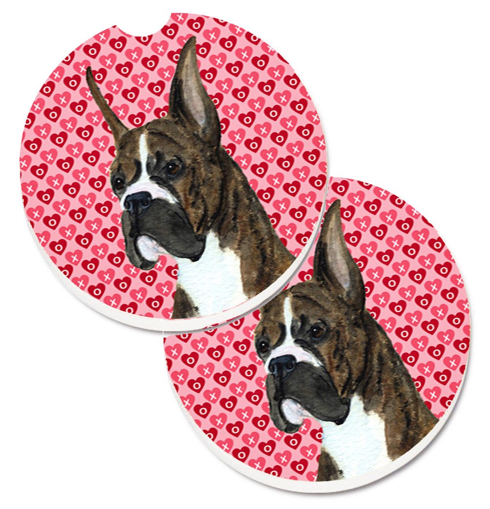 Boxer Hearts Love and Valentine&#39;s Day Portrait Set of 2 Cup Holder Car Coasters SS4508CARC by Caroline&#39;s Treasures