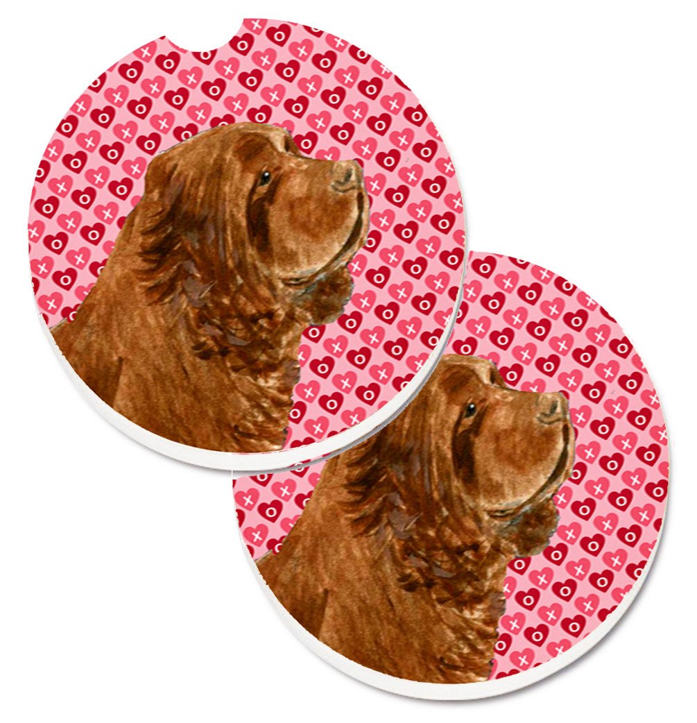 Sussex Spaniel Hearts Love Valentine&#39;s Day Set of 2 Cup Holder Car Coasters SS4510CARC by Caroline&#39;s Treasures