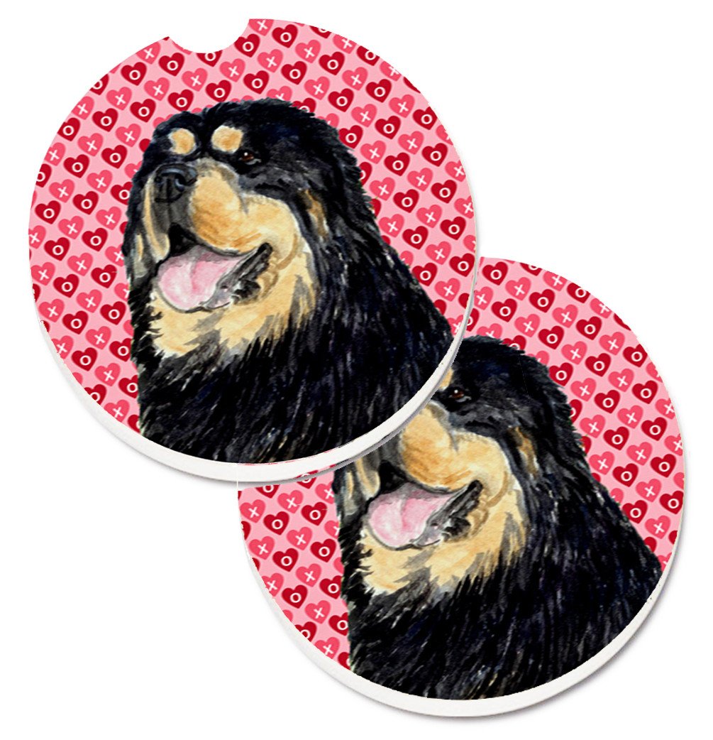 Tibetan Mastiff Hearts Love Valentine&#39;s Day Set of 2 Cup Holder Car Coasters SS4512CARC by Caroline&#39;s Treasures