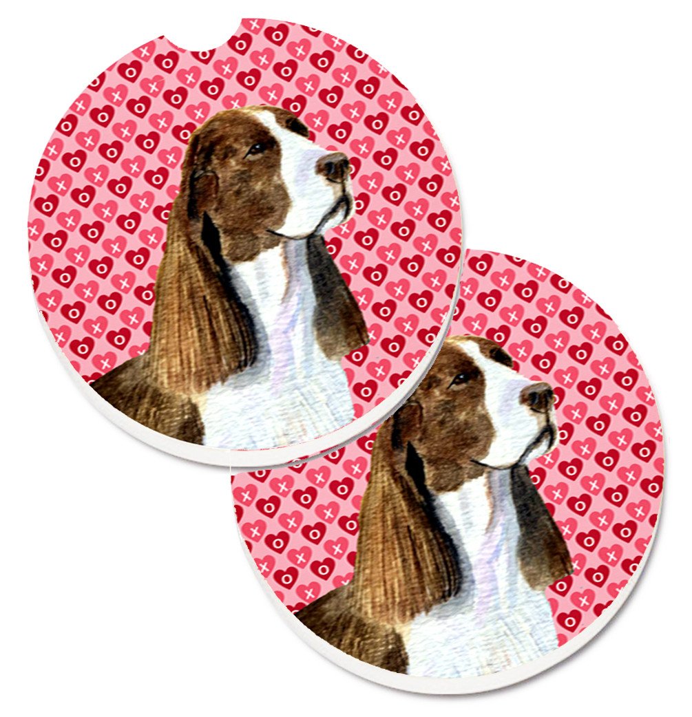 Springer Spaniel Hearts Love Valentine&#39;s Day Set of 2 Cup Holder Car Coasters SS4513CARC by Caroline&#39;s Treasures