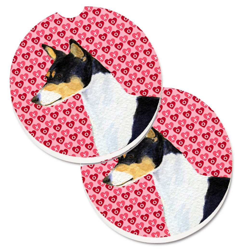 Basenji Hearts Love and Valentine&#39;s Day Portrait Set of 2 Cup Holder Car Coasters SS4514CARC by Caroline&#39;s Treasures