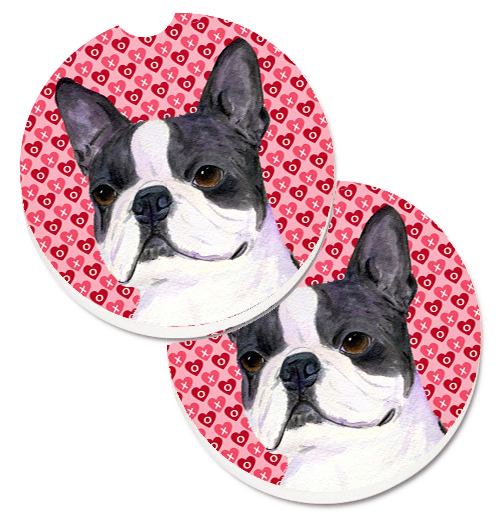 Boston Terrier Hearts Love Valentine&#39;s Day Set of 2 Cup Holder Car Coasters SS4516CARC by Caroline&#39;s Treasures