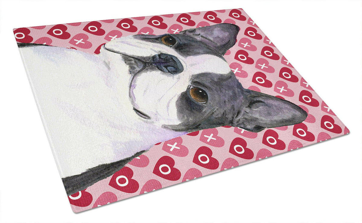 Boston Terrier Hearts Love and Valentine&#39;s Day Glass Cutting Board Large by Caroline&#39;s Treasures