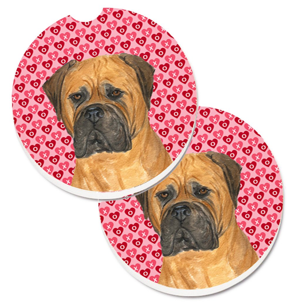 Bullmastiff Hearts Love and Valentine&#39;s Day Portrait Set of 2 Cup Holder Car Coasters SS4517CARC by Caroline&#39;s Treasures