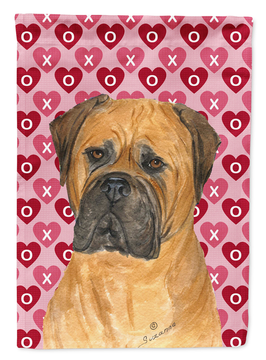Bullmastiff Hearts Love and Valentine&#39;s Day Portrait Flag Garden Size.