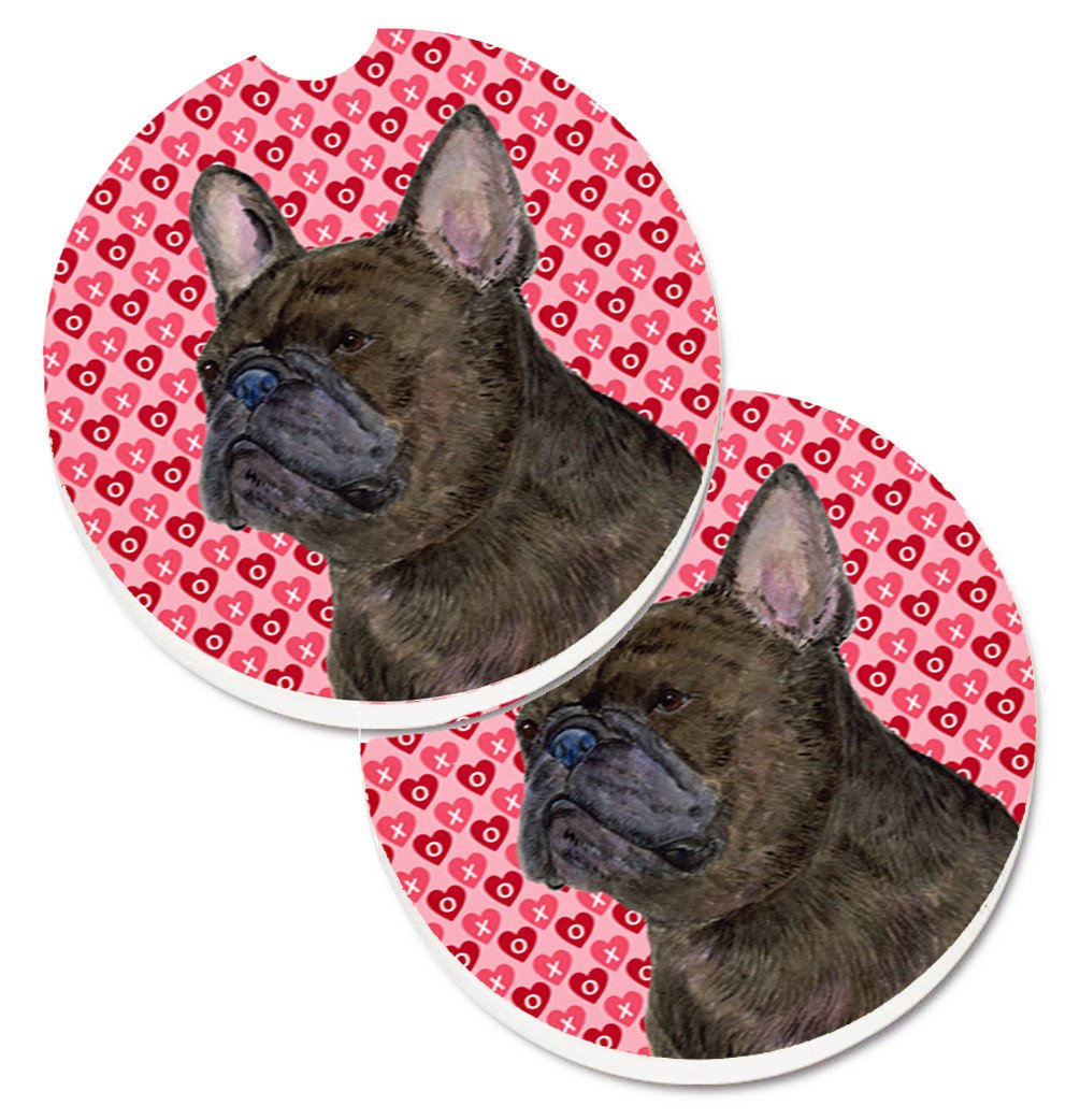 French Bulldog Hearts Love and Valentine&#39;s Day Portrait Set of 2 Cup Holder Car Coasters SS4519CARC by Caroline&#39;s Treasures