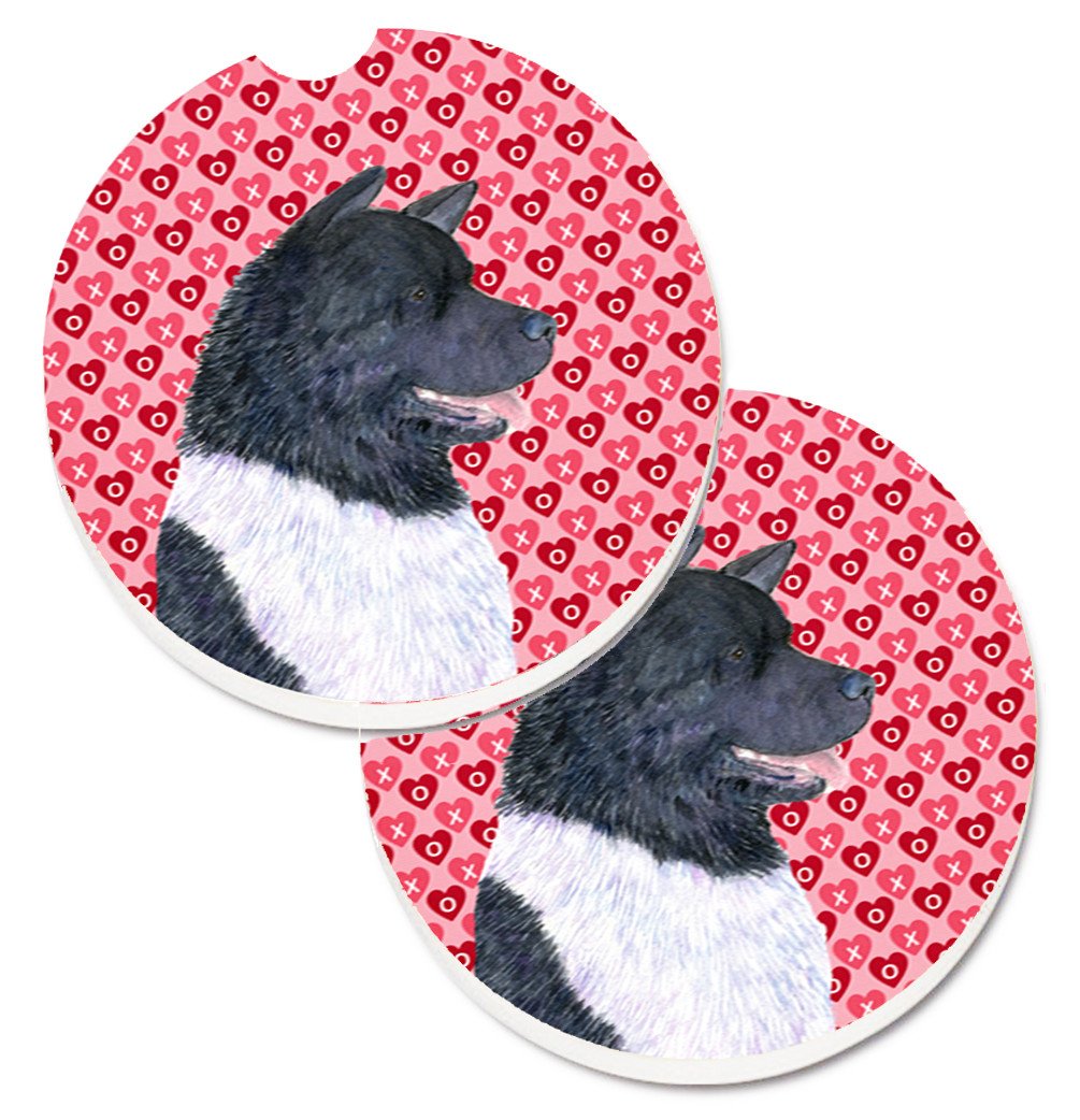 Akita Hearts Love and Valentine&#39;s Day Portrait Set of 2 Cup Holder Car Coasters SS4521CARC by Caroline&#39;s Treasures