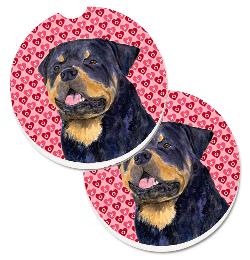 Rottweiler Hearts Love and Valentine&#39;s Day Portrait Set of 2 Cup Holder Car Coasters SS4524CARC by Caroline&#39;s Treasures