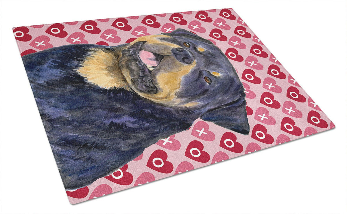 Rottweiler Hearts Love and Valentine&#39;s Day Portrait Glass Cutting Board Large by Caroline&#39;s Treasures