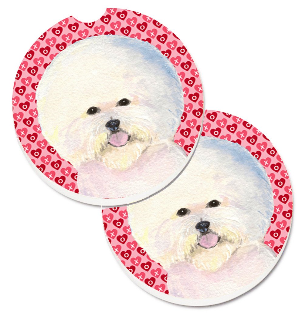 Bichon Frise Hearts Love and Valentine&#39;s Day Portrait Set of 2 Cup Holder Car Coasters SS4526CARC by Caroline&#39;s Treasures