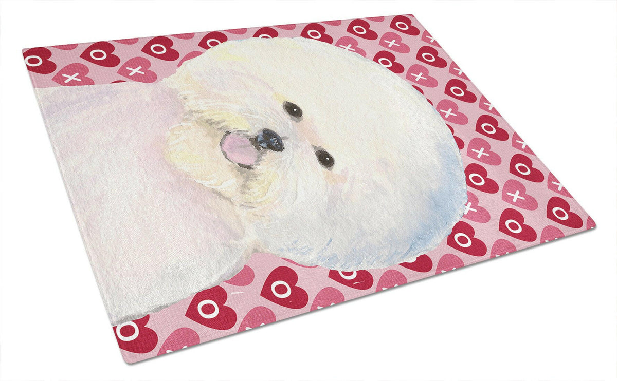 Bichon Frise Hearts Love and Valentine&#39;s Day Portrait Glass Cutting Board Large by Caroline&#39;s Treasures