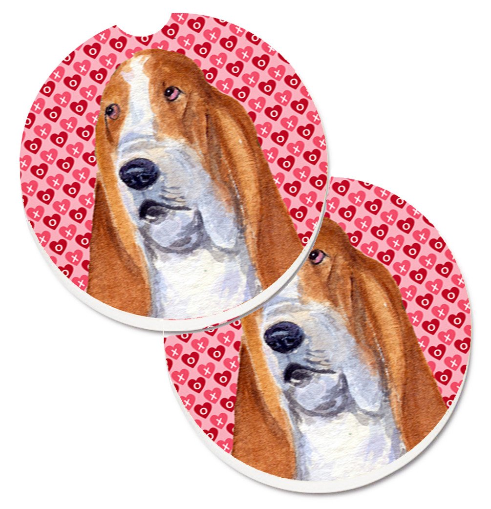 Basset Hound Hearts Love and Valentine&#39;s Day Portrait Set of 2 Cup Holder Car Coasters SS4528CARC by Caroline&#39;s Treasures