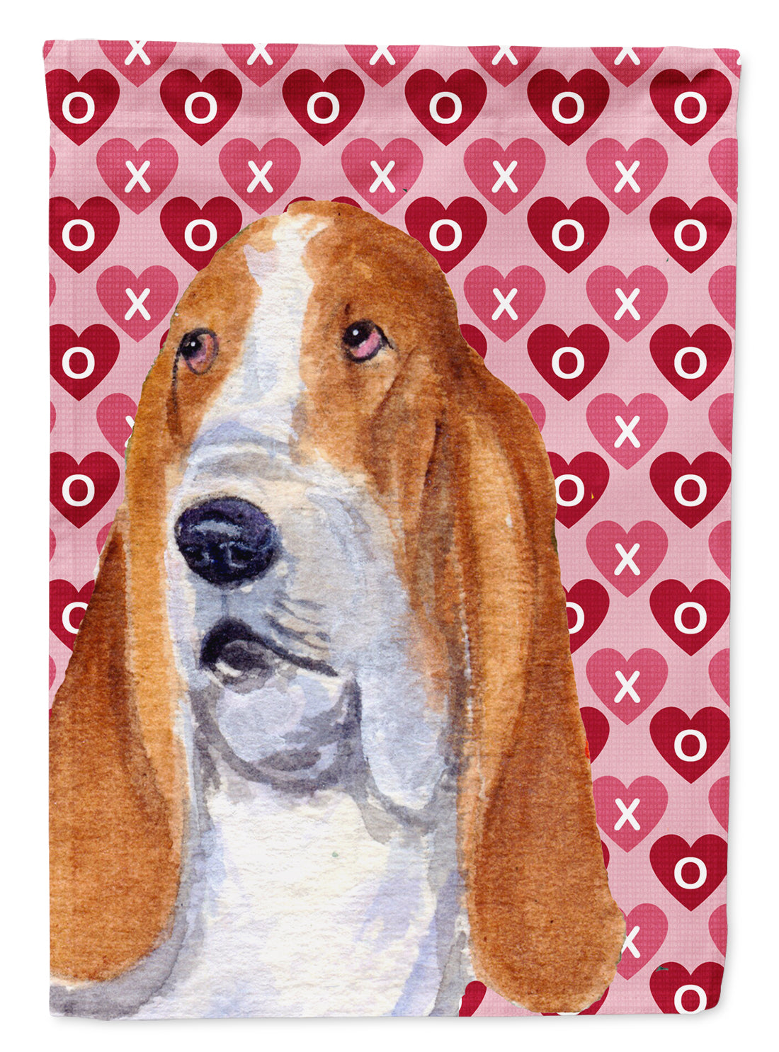 Basset Hound Hearts Love and Valentine&#39;s Day Portrait Flag Garden Size.