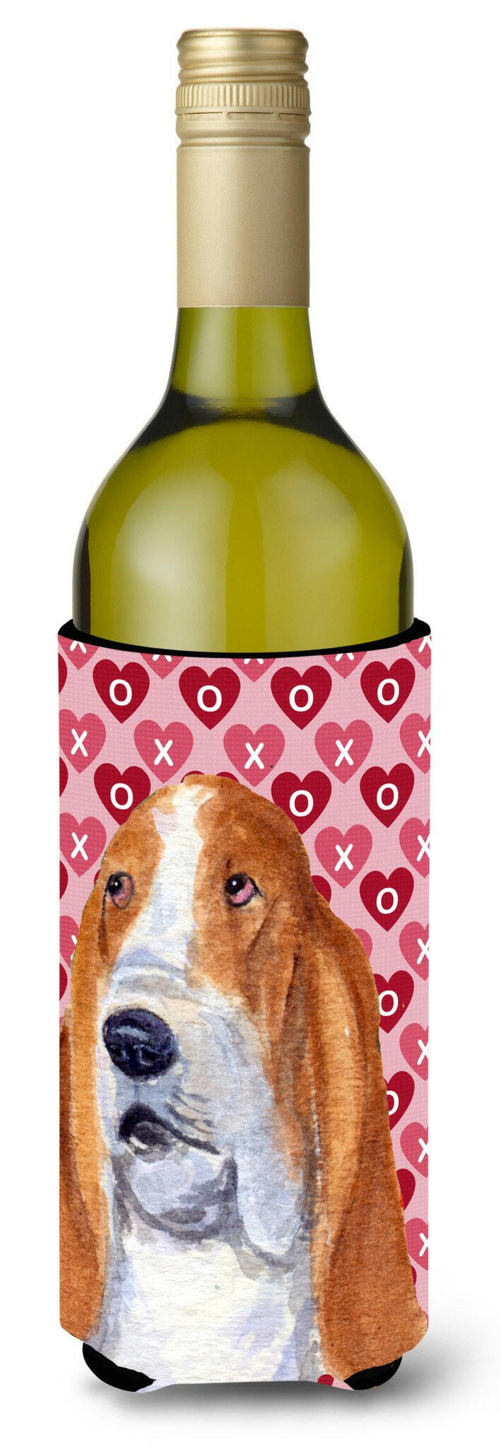 Basset Hound Hearts Love and Valentine&#39;s Day  Wine Bottle Beverage Insulator Beverage Insulator Hugger by Caroline&#39;s Treasures