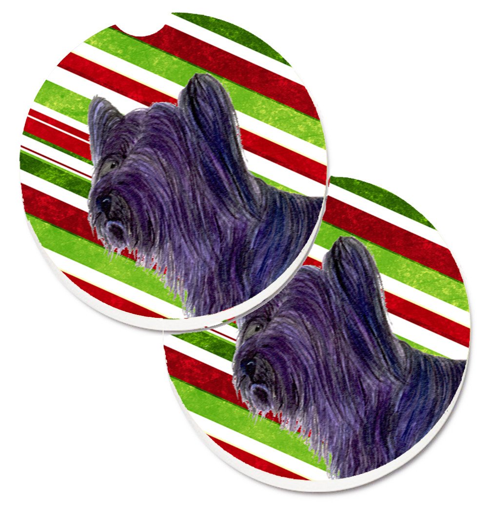Skye Terrier Candy Cane Holiday Christmas Set of 2 Cup Holder Car Coasters SS4532CARC by Caroline&#39;s Treasures
