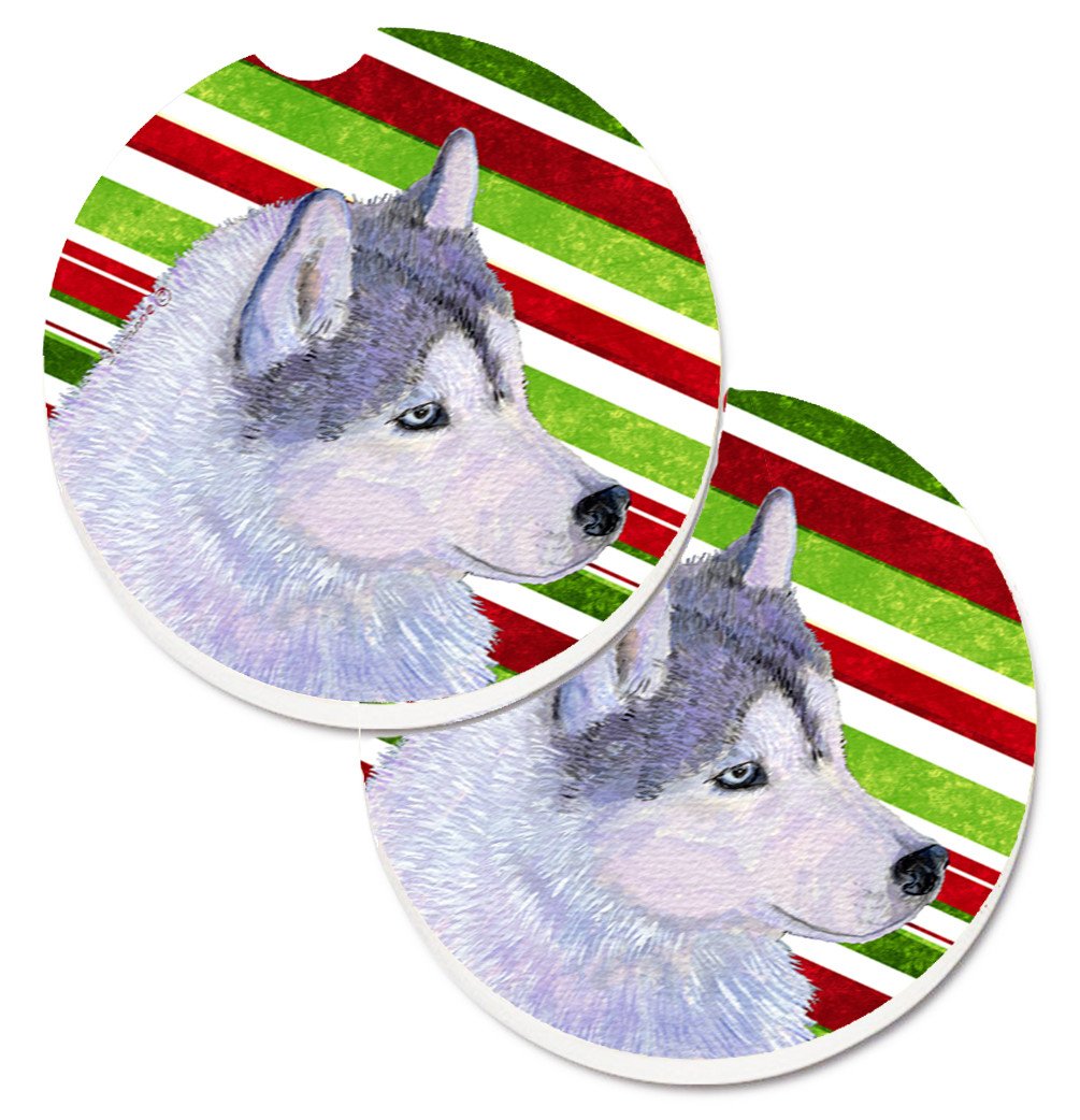 Siberian Husky Candy Cane Holiday Christmas Set of 2 Cup Holder Car Coasters SS4533CARC by Caroline&#39;s Treasures