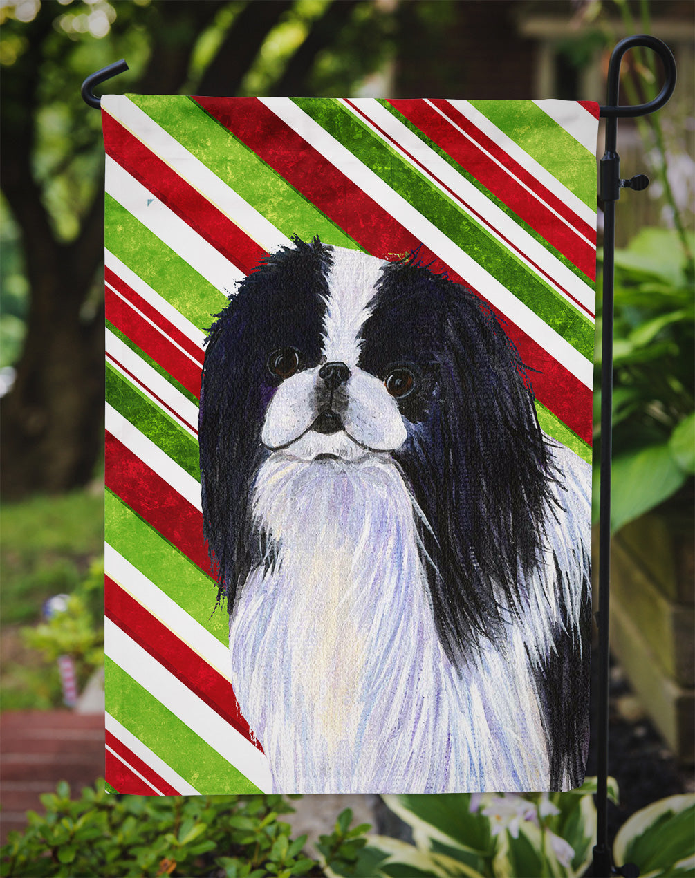 Japanese Chin Candy Cane Holiday Christmas Flag Garden Size.