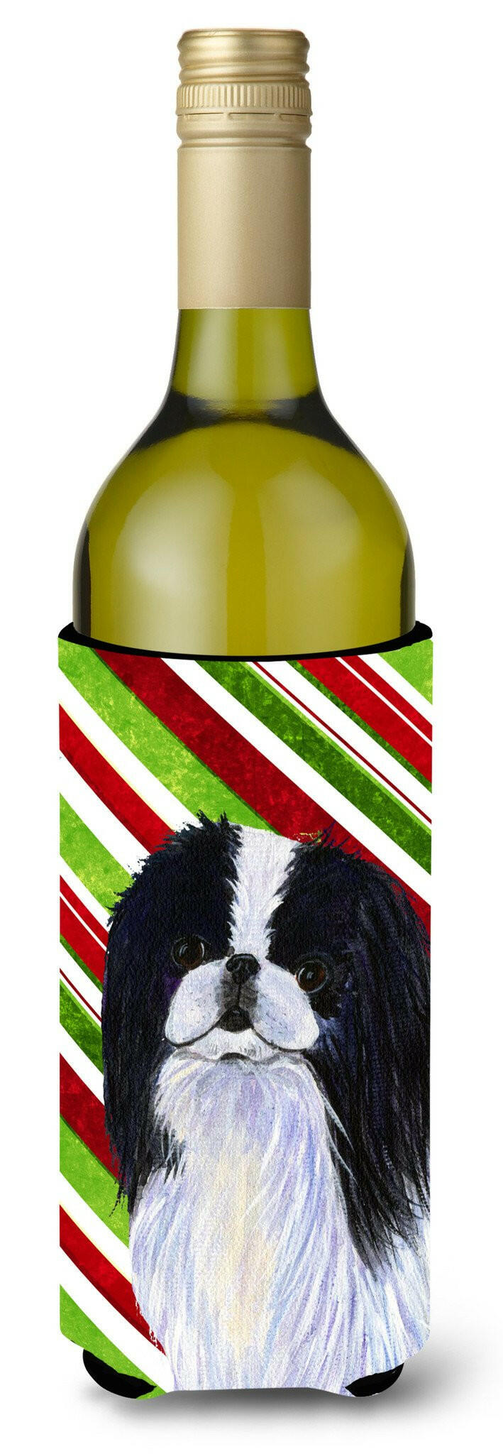 Japanese Chin Candy Cane Holiday Christmas Wine Bottle Beverage Insulator Beverage Insulator Hugger by Caroline&#39;s Treasures