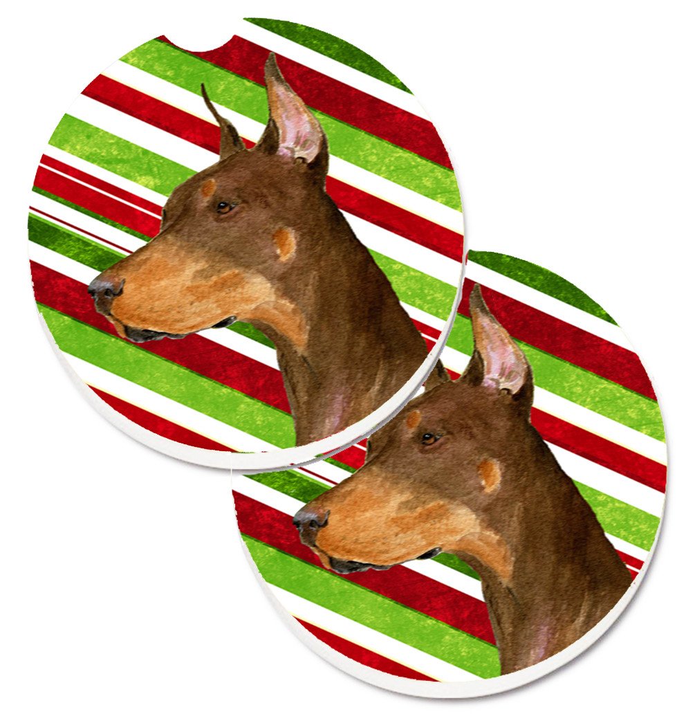 Doberman Candy Cane Holiday Christmas Set of 2 Cup Holder Car Coasters SS4537CARC by Caroline&#39;s Treasures