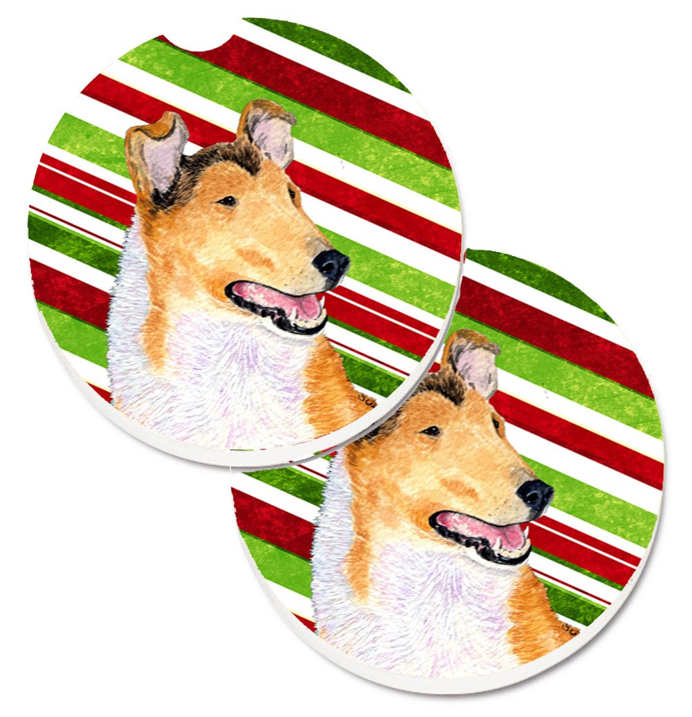 Collie Smooth Candy Cane Holiday Christmas Set of 2 Cup Holder Car Coasters SS4539CARC by Caroline&#39;s Treasures