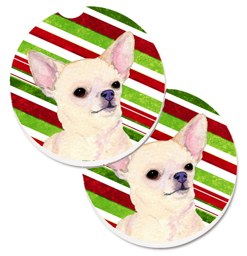 Chihuahua Candy Cane Holiday Christmas Set of 2 Cup Holder Car Coasters SS4541CARC by Caroline&#39;s Treasures
