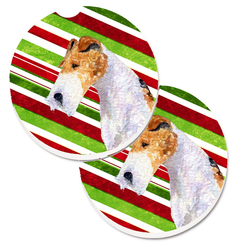 Fox Terrier Candy Cane Holiday Christmas Set of 2 Cup Holder Car Coasters SS4547CARC by Caroline&#39;s Treasures