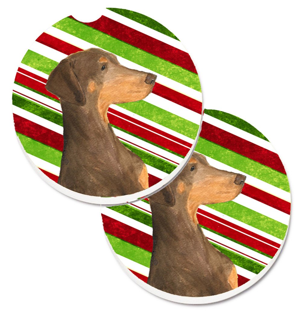 Doberman Candy Cane Holiday Christmas Set of 2 Cup Holder Car Coasters SS4548CARC by Caroline&#39;s Treasures