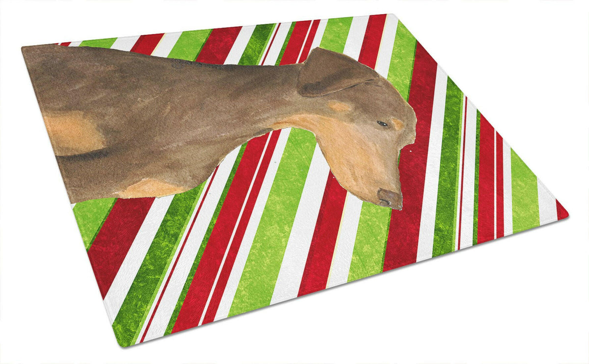 Doberman Candy Cane Holiday Christmas Glass Cutting Board Large by Caroline&#39;s Treasures