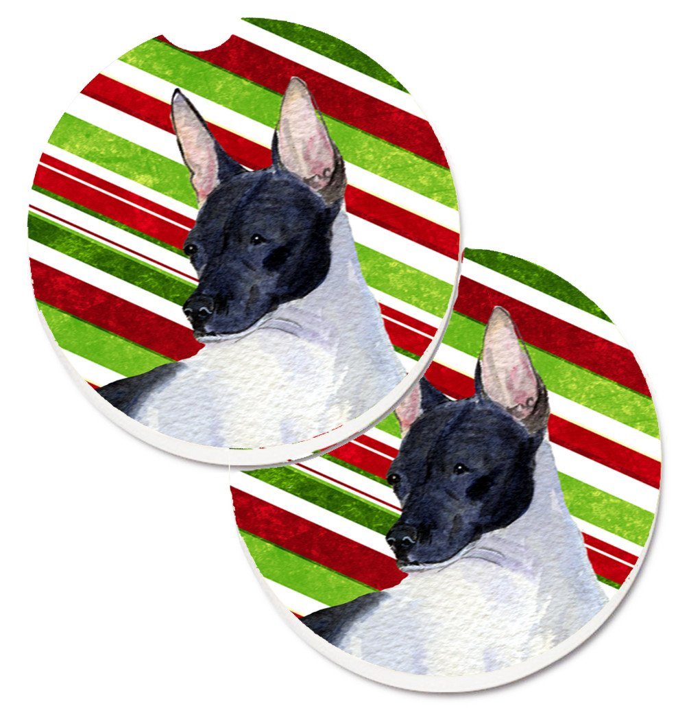 Rat Terrier Candy Cane Holiday Christmas Set of 2 Cup Holder Car Coasters SS4549CARC by Caroline&#39;s Treasures