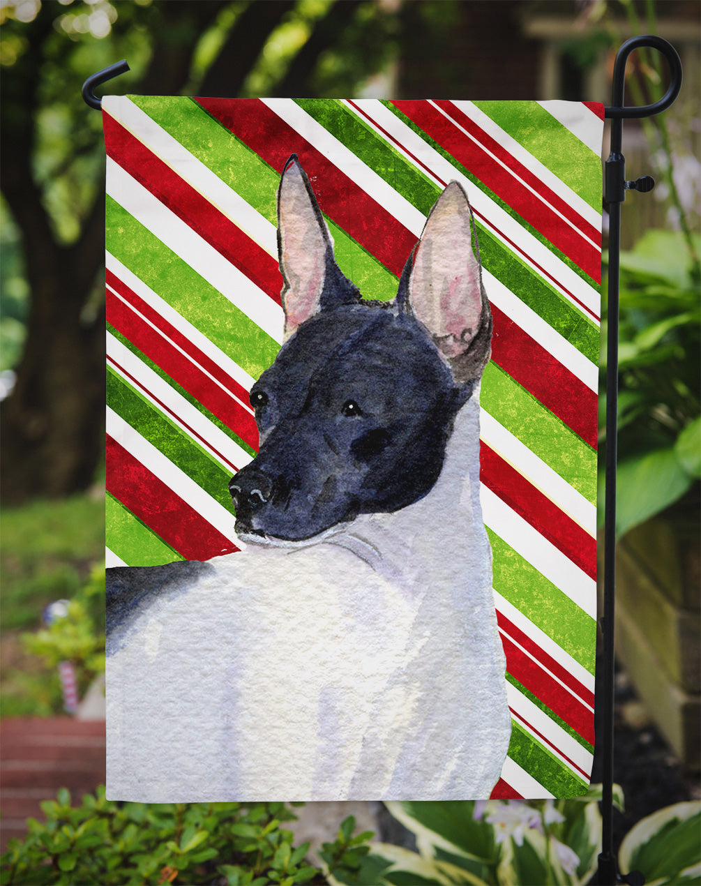 Rat Terrier Candy Cane Holiday Christmas Flag Garden Size.
