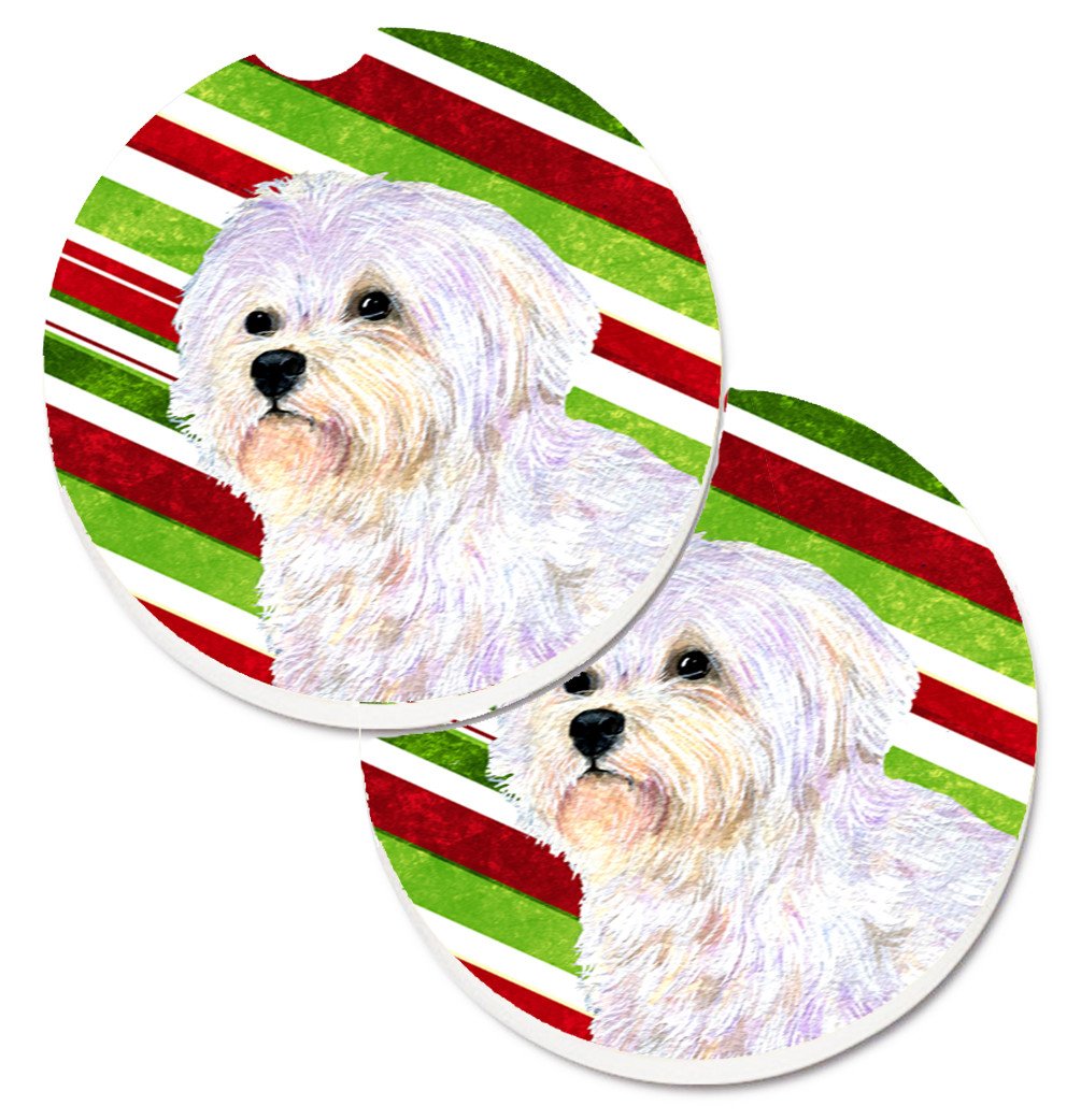 Maltese Candy Cane Holiday Christmas Set of 2 Cup Holder Car Coasters SS4550CARC by Caroline&#39;s Treasures