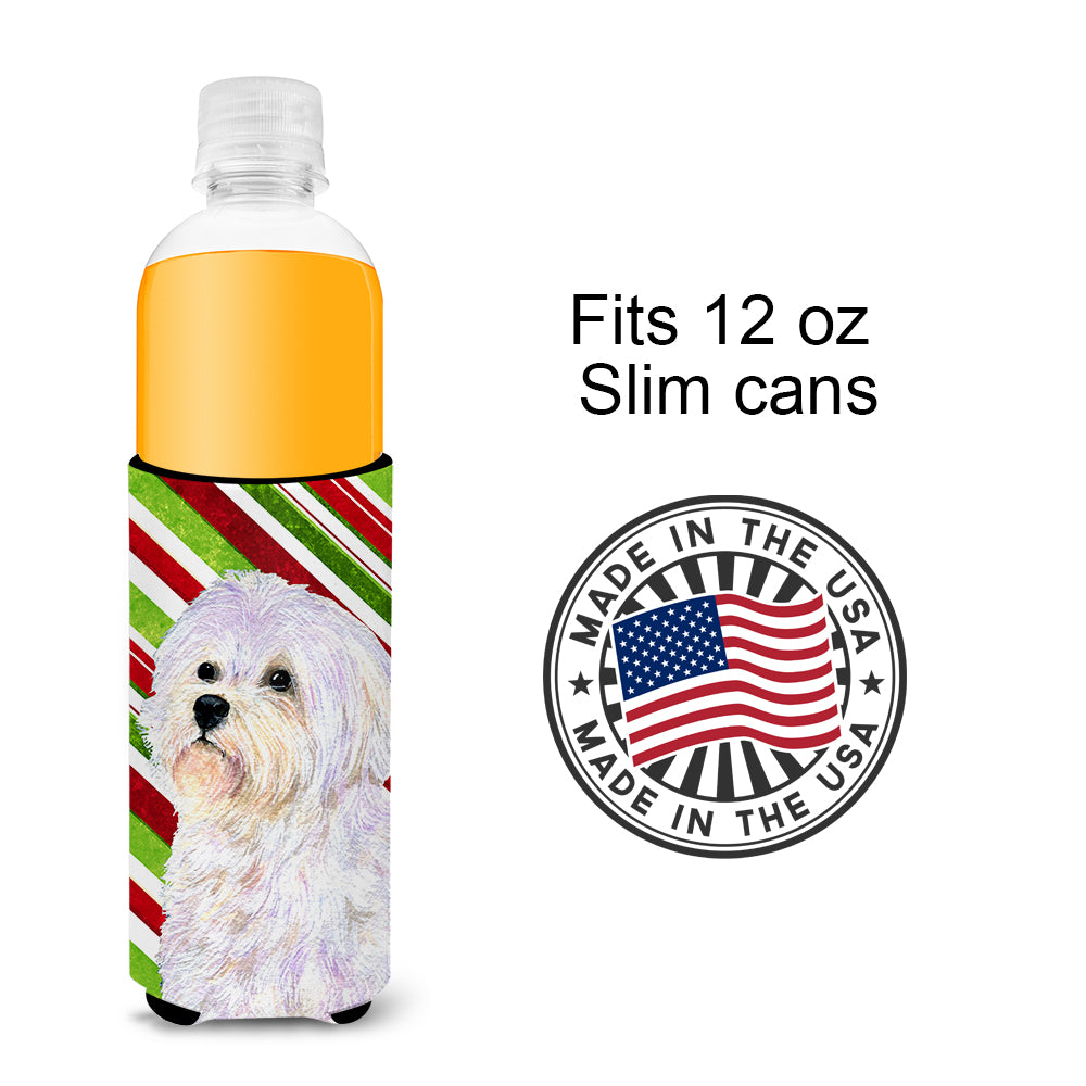 Maltese Candy Cane Holiday Christmas Ultra Beverage Insulators for slim cans SS4550MUK.