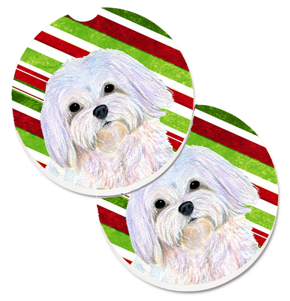 Maltese Candy Cane Holiday Christmas Set of 2 Cup Holder Car Coasters SS4551CARC by Caroline&#39;s Treasures