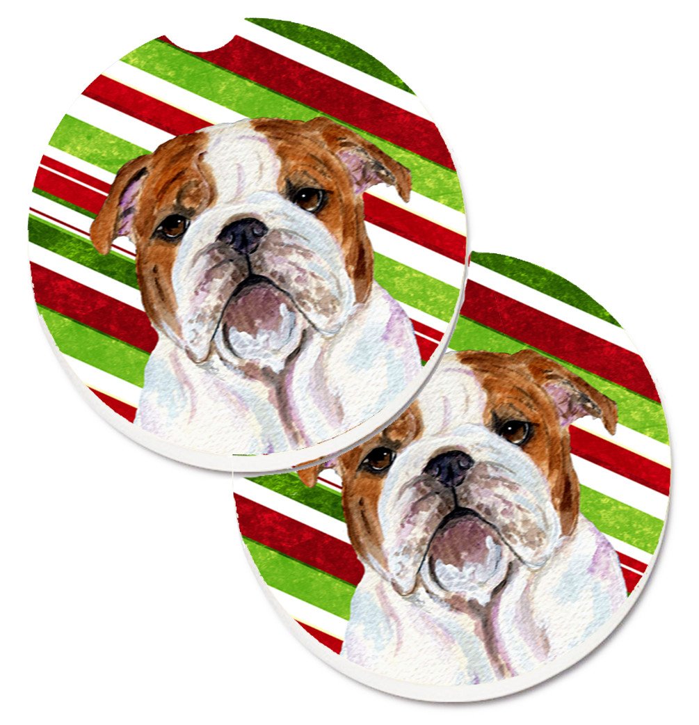 Bulldog English Candy Cane Holiday Christmas Set of 2 Cup Holder Car Coasters SS4553CARC by Caroline&#39;s Treasures