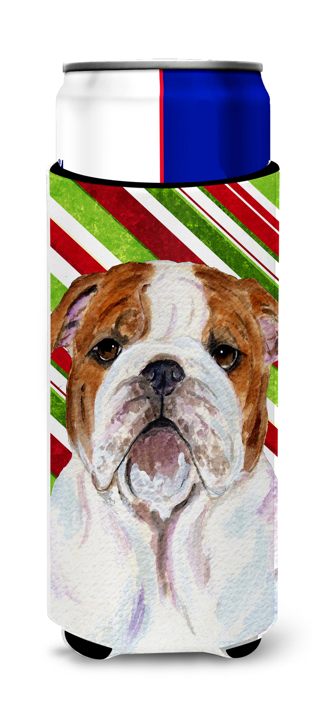 Bulldog English Candy Cane Holiday Christmas Ultra Beverage Insulators for slim cans SS4553MUK.