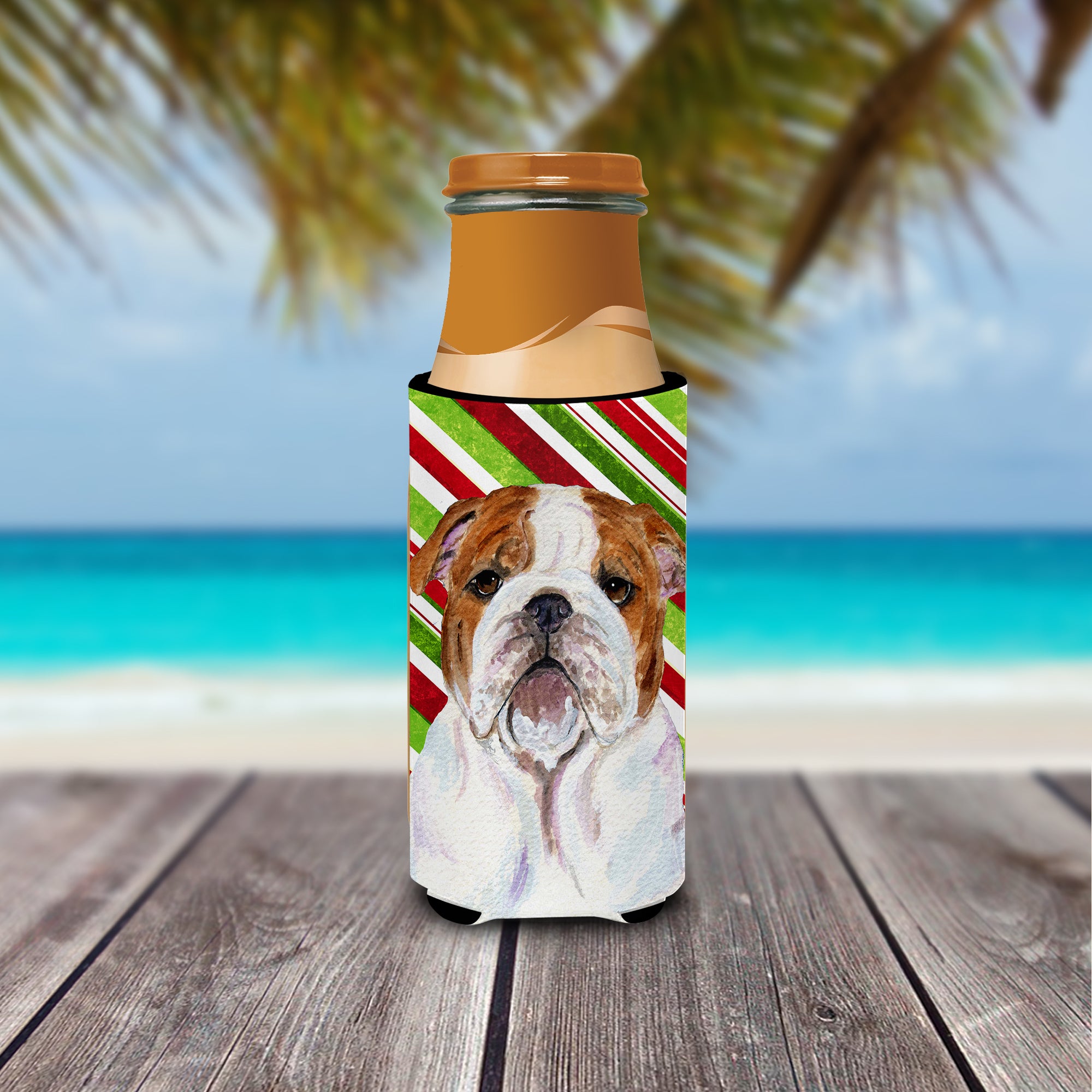 Bulldog English Candy Cane Holiday Christmas Ultra Beverage Insulators for slim cans SS4553MUK.