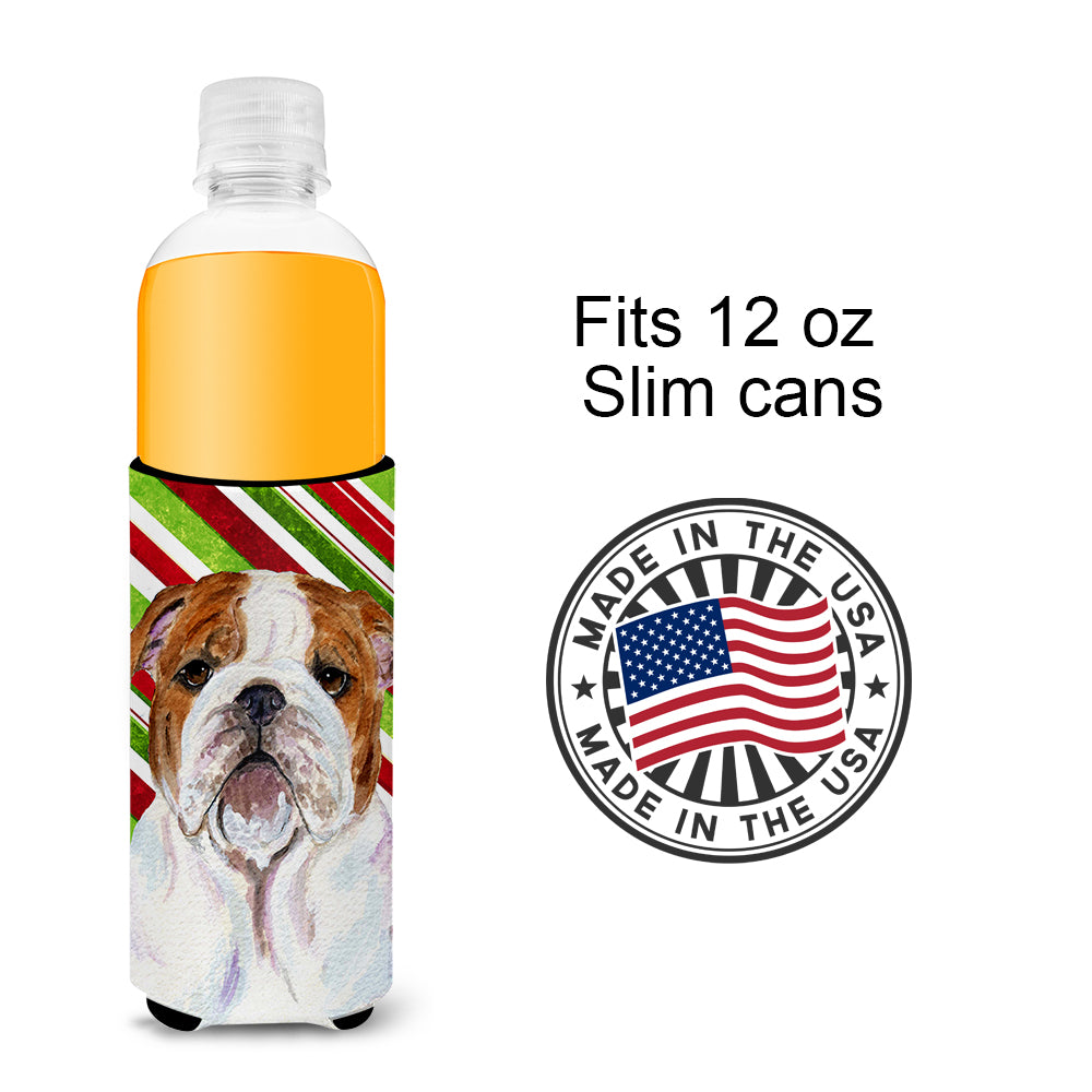 Bulldog English Candy Cane Holiday Christmas Ultra Beverage Insulators for slim cans SS4553MUK