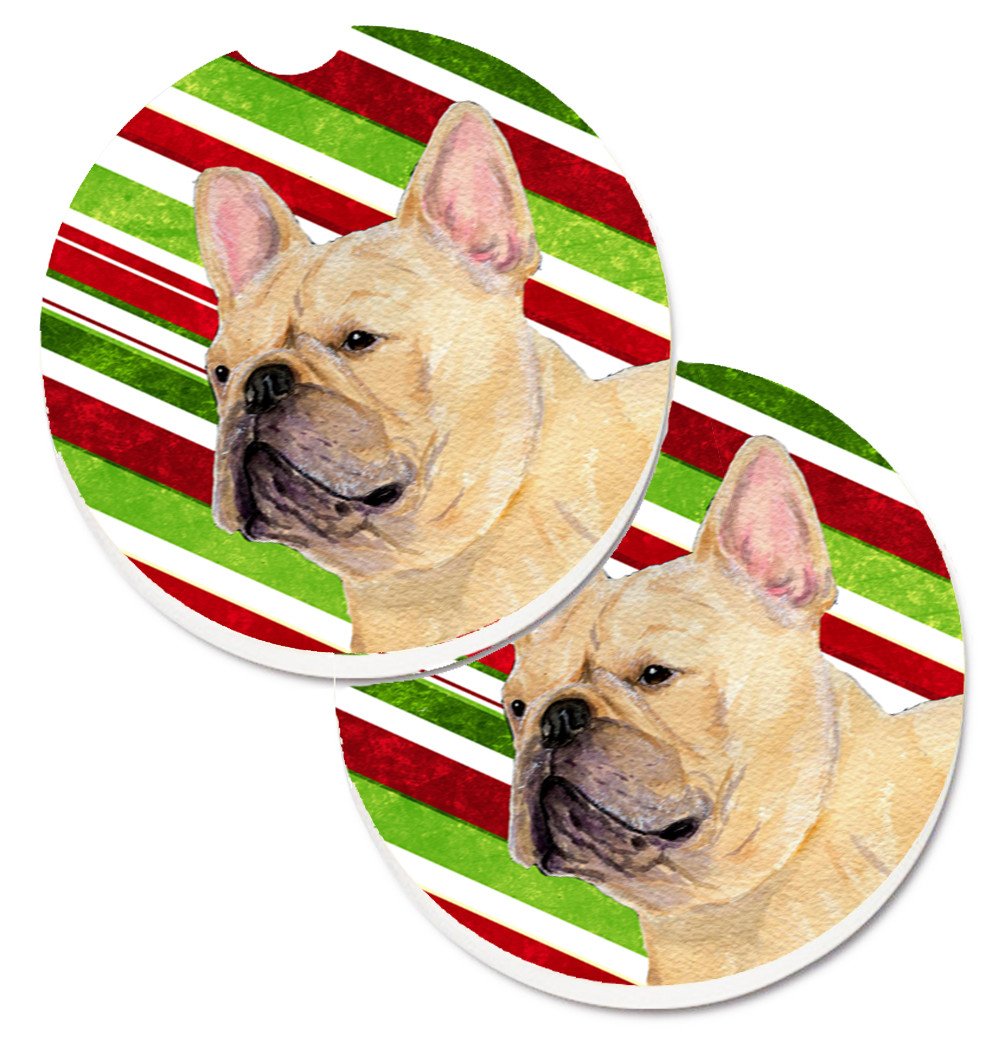 French Bulldog Candy Cane Holiday Christmas Set of 2 Cup Holder Car Coasters SS4554CARC by Caroline&#39;s Treasures