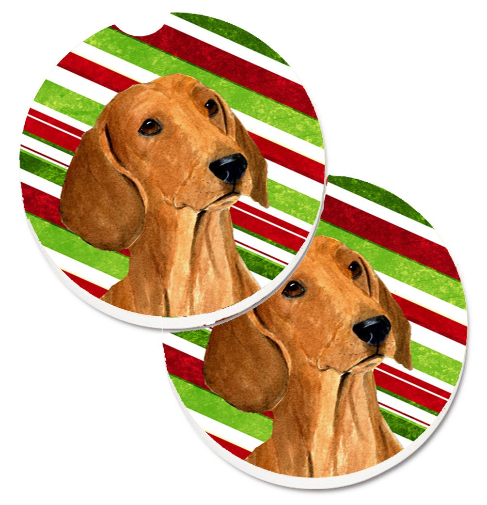 Dachshund Candy Cane Holiday Christmas Set of 2 Cup Holder Car Coasters SS4556CARC by Caroline&#39;s Treasures