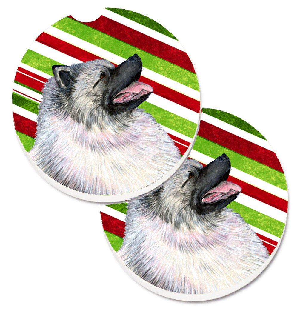 Keeshond Candy Cane Holiday Christmas Set of 2 Cup Holder Car Coasters SS4557CARC by Caroline&#39;s Treasures