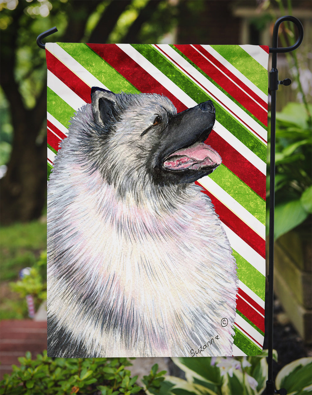 Keeshond Candy Cane Holiday Christmas Flag Garden Size.